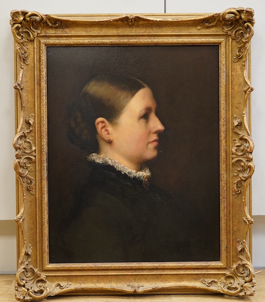 Victorian School, Head and shoulders portrait of a lady in profile, unsigned, oil on canvas, ornate gilt frame, 49 x 38cm